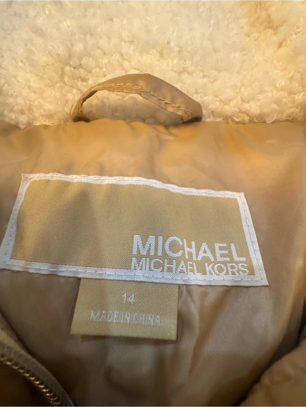 MICHAEL by Michael Kors Girl’s Sherpa Trim Hooded Puffer Jacket - Cream/Tan (14)